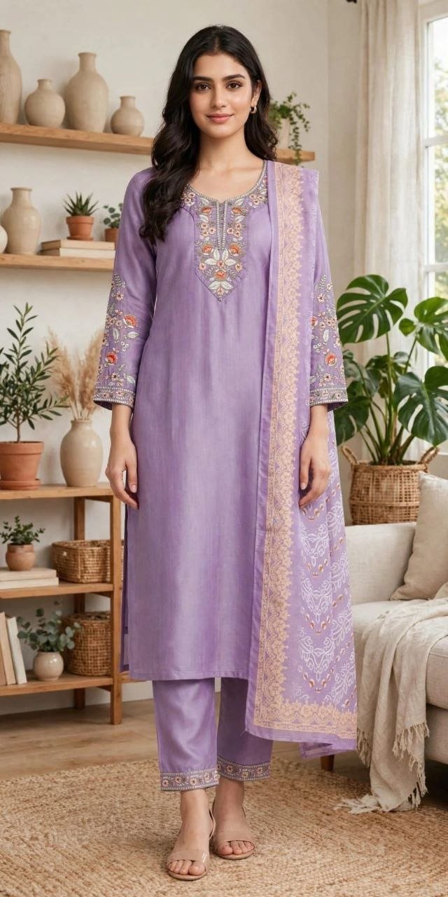 Vf 54 Rayon Slub With Embroidery Work Kurti With Bottom Dupatta